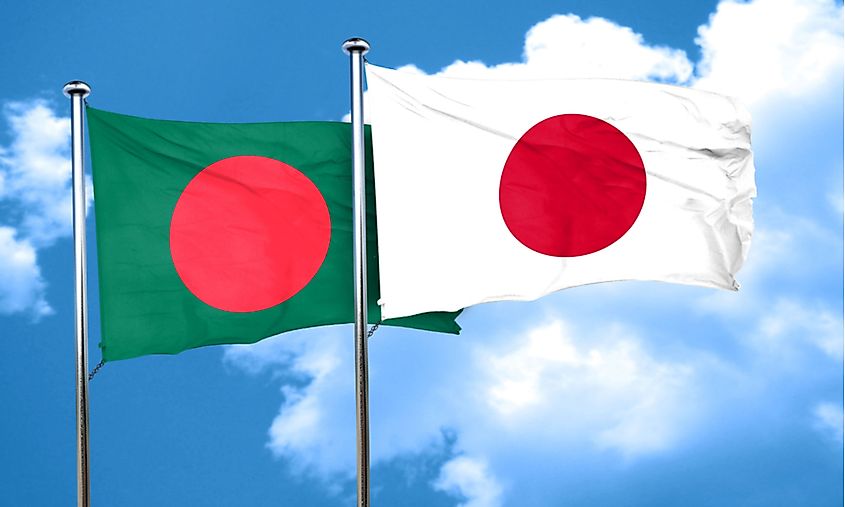 The flag of Japan, right, with the flag of Bangladesh.