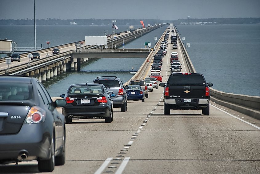 A busy day with heavy traffic on the Lake Pontchartrain Causeway.