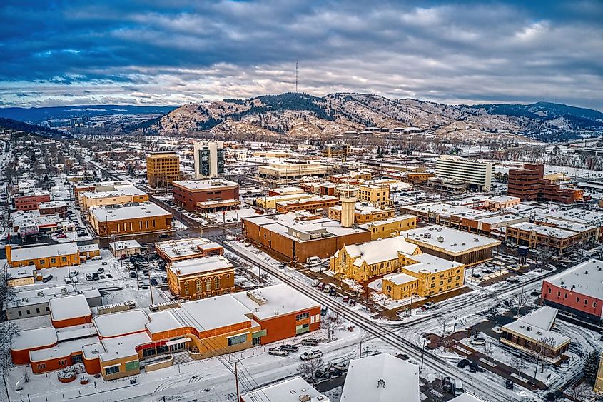 Aerial view of Rapid City, South Dakota during winter