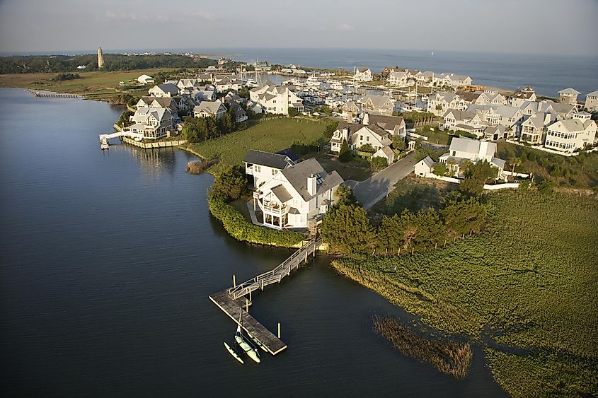 Aerial view of coastal residential community on Bald Head Island, North Carolina.