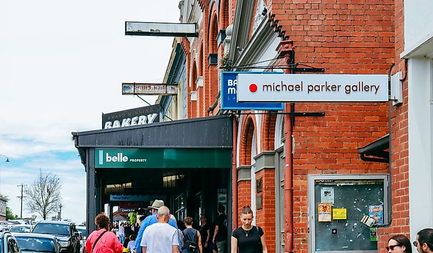Day trippers on Main Street in regional tourism destination of Daylesford