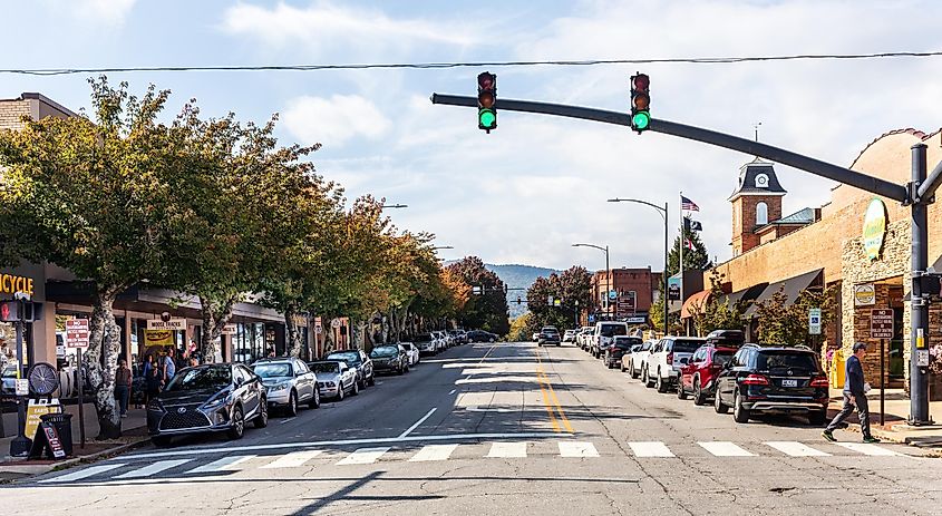 Buildings lining both sides of Main Street in Brevard, North Carolina. Editorial credit: Nolichuckyjake / Shutterstock.com