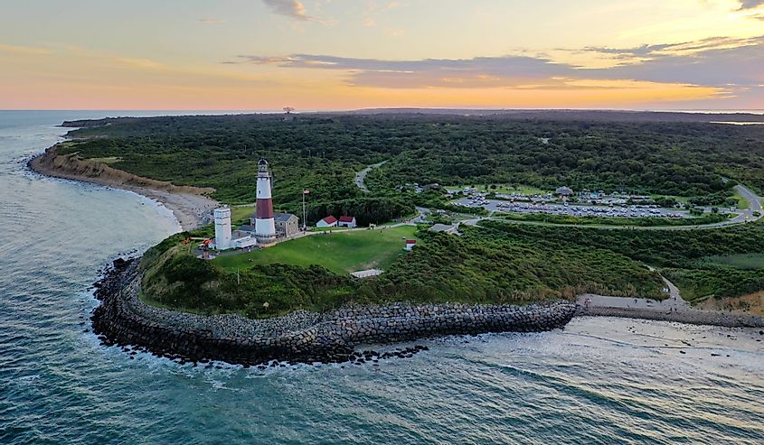 Aerial view of Montauk Lighthouse and beach in Long Island, New York, USA.