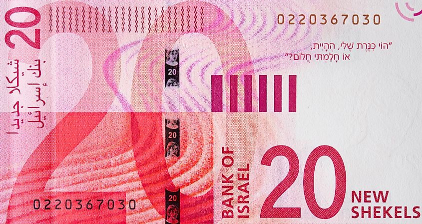 Israeli 20 New Shekels (2017) banknote, Israel money close up.