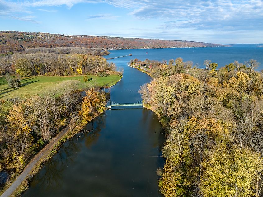 Fall, autumn, drone aerial image with view of Stewart Park at the south end of Cayuga Lake, Ithaca New York.
