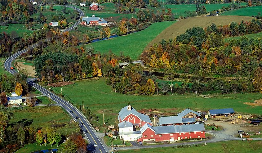 Aerial view of farm near Stowe, Vermont in autumn on Scenic Route 100