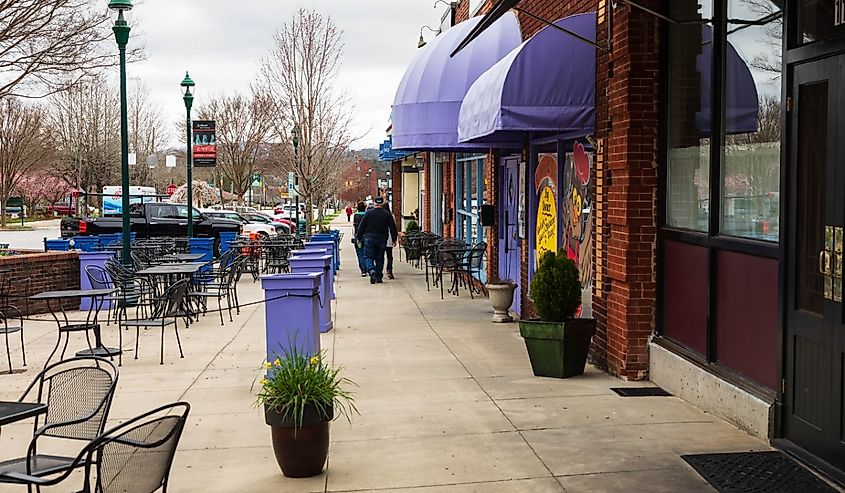 Main Street in Hendersonville, North Carolina on an early spring day