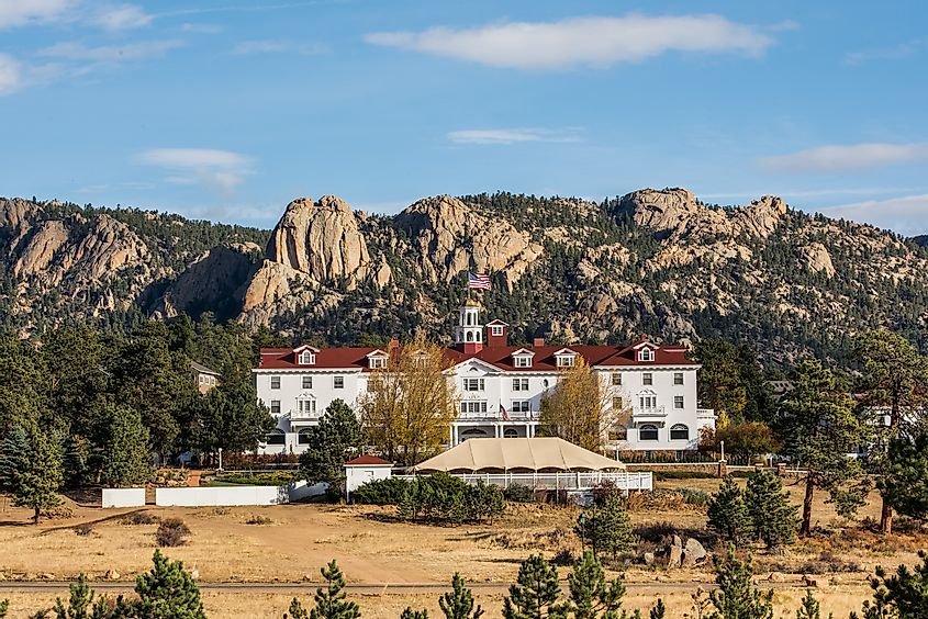 The historic Stanley Hotel is at the gateway to Rocky Mountain National Park in Estes Park, Colorado. Editorial credit: Phillip Rubino / Shutterstock.com