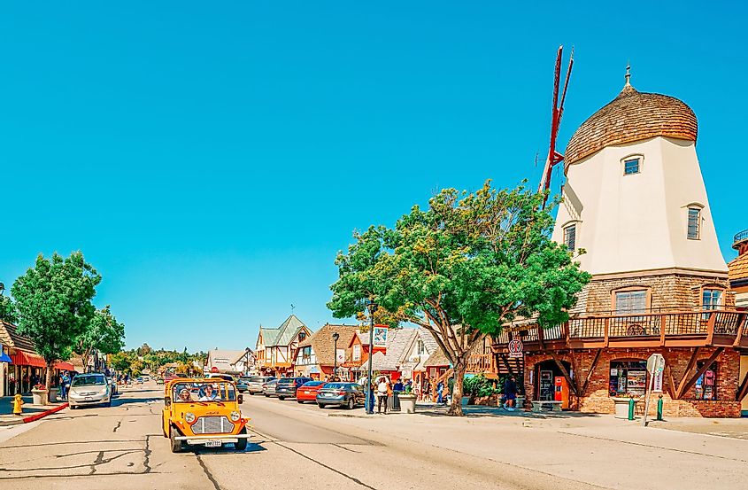 Main Street and Windmill in Solvang, a City in Southern California's Santa Ynez Valley.