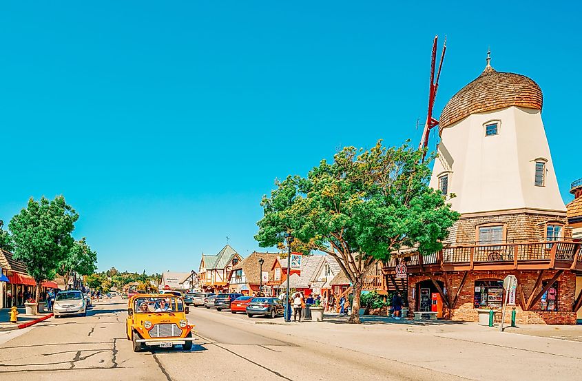 Main Street and Windmill in Solvang, a City in Southern California's Santa Ynez Valley, via HannaTor / Shutterstock.com