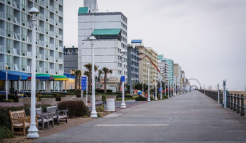 The boardwalk and highrise hotels in Virginia Beach, Virginia.