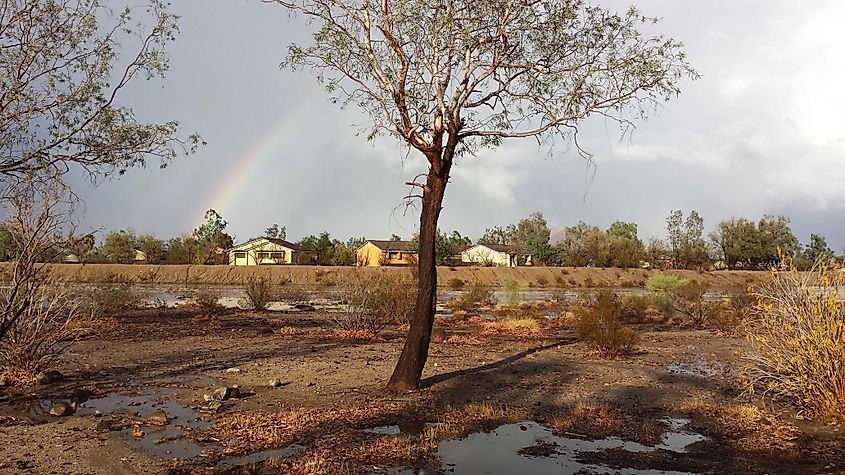 A rainbow over Fort Irwin, California.