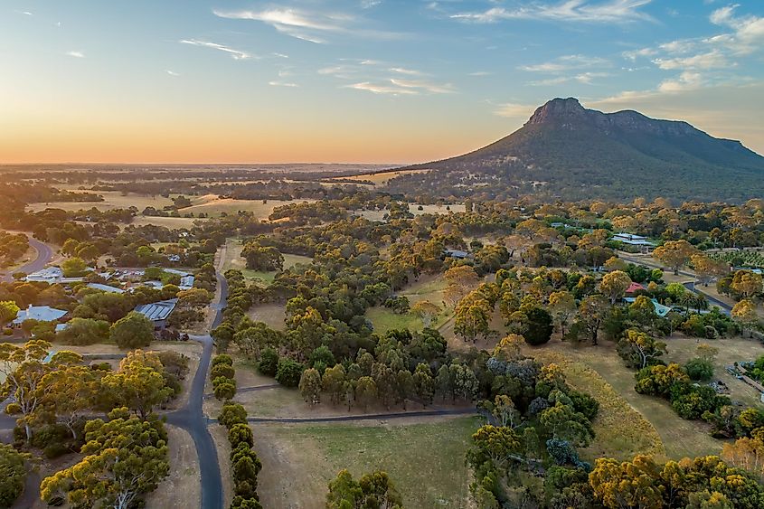 Aerial view of Dunkeld township and Mount Sturgeon in Grampians National Park at sunset