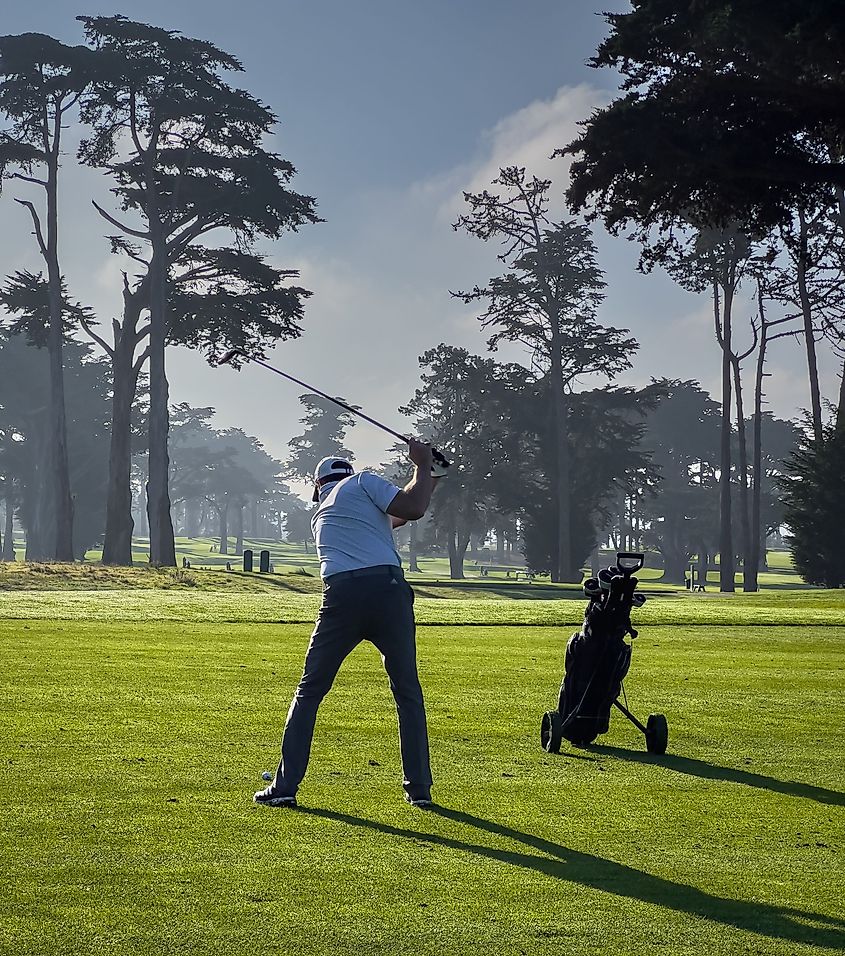 Man golfing in San Francisco, California.