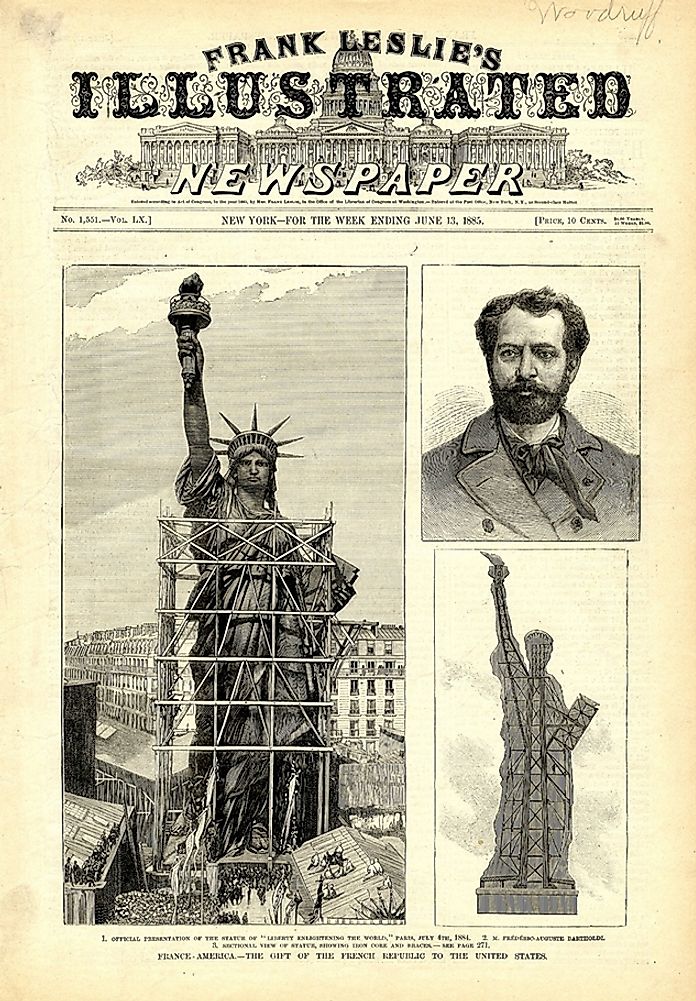  More details Frank Leslie's Illustrated Newspaper, June 1885, showing (clockwise from left) woodcuts of the completed statue in Paris, Bartholdi, and the statue's interior structure