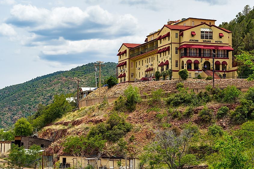 Cityscape view of the Jerome Grand Hotel, famously known for its haunted ghosts, in this popular small mountain town located in Yavapai County.