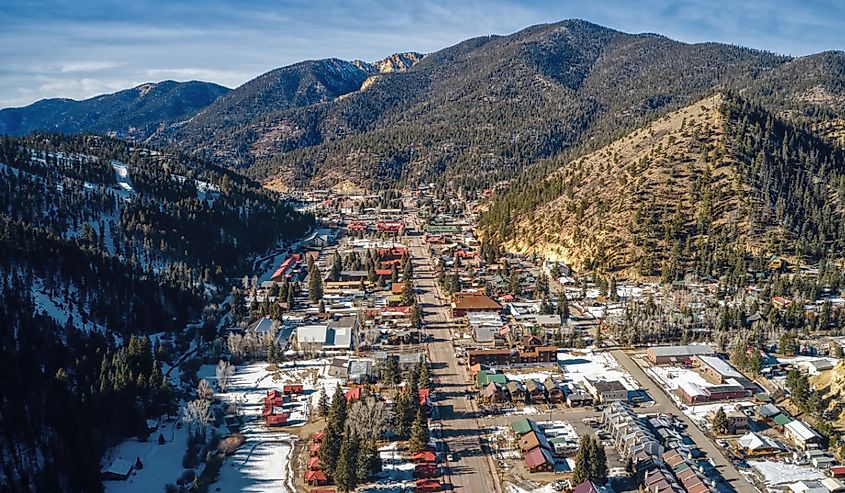 Aerial View of Red River Ski Town in New Mexico Mountains