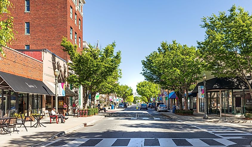 Wide-angle view of the Cultural District, on Main Street in downtown Rock Hill, South Carolina.
