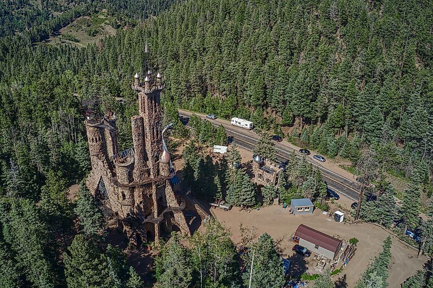 The aerial view of the Bishop Castle in Rye, Colorado.