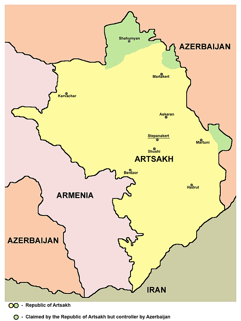 Map showing the territory administered by the self-proclaimed Republic of Artsakh before Azerbaijan regained full control of Nagorno-Karabakh.