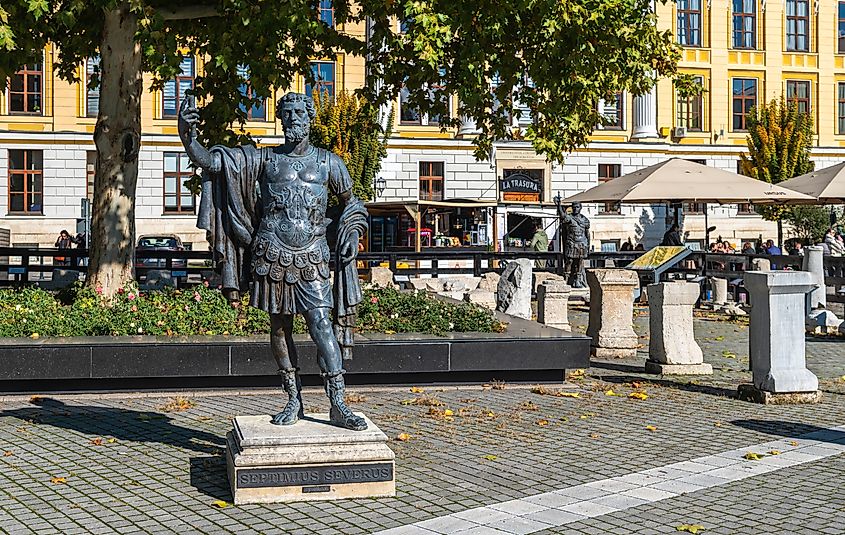 A bronze statue of Roman Emperor Septimius Severus stands in the Citadel Square of the Alba Carolina fortress in Transylvania, Romania