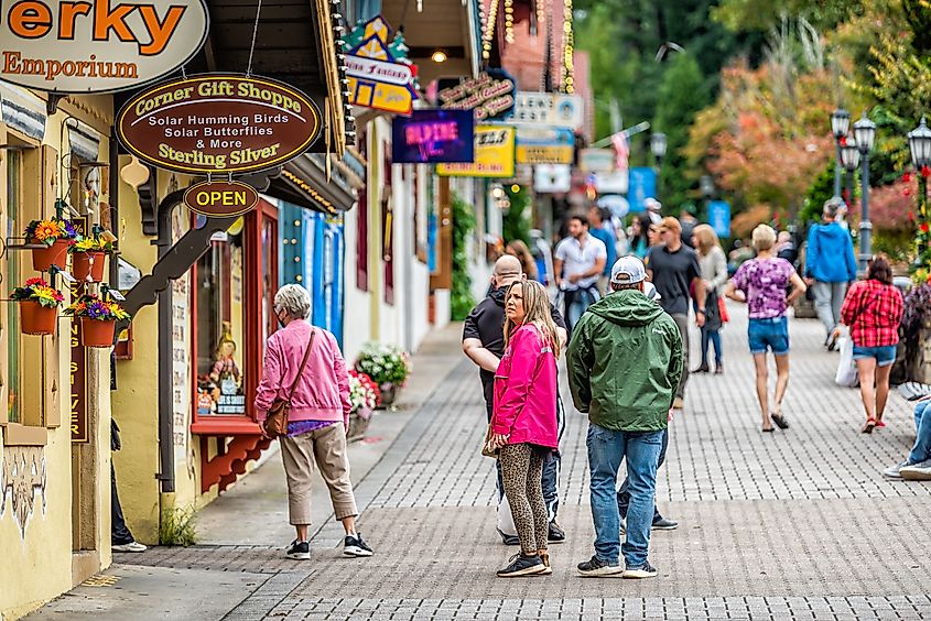 The vibrant downtown area of Helen, Georgia, bustling with tourists. (Image credit: Kristi Blokhin / Shutterstock.com.)