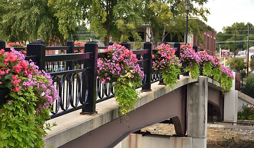 Closeup of pedestrian bridge lined with hanging flower crossing the Cannon River on an early spring morning. Northfield, Minnesota.