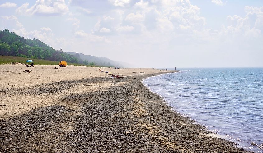 Beach scene on a sunny day at Indiana Dunes State Beach, Lake Michigan.