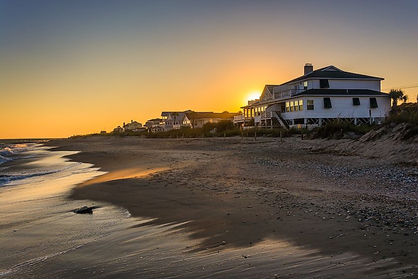 Beachfront homes during sunset at Edisto Beach, South Carolina.