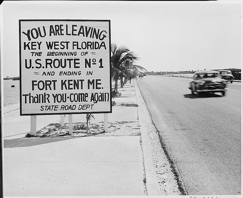 Road sign in Key West, Florida, marking the start of US Route 1 to Fort Kent, Maine
