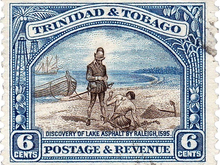 Trinidad and Tobago stamp featuring the ‘Discovery of Lake Asphalt by Raleigh, 1595’.