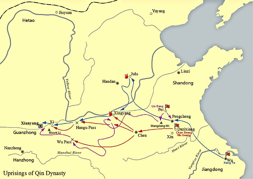 Uprisings of Qin Dynasty, including uprisings of Dazexiang (Chen Sheng and Wu Guang), Liu Bang and Xiang Yu.