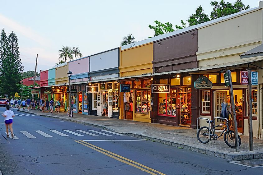 View of historic buildings in Lahaina, a former missionary town and capital of Hawaii before Honolulu