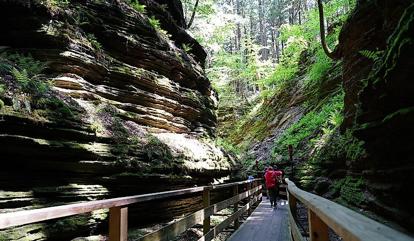 Visitors of the Upper Dells boat tour walked on the wooden walk bridges looking at the scenery at Witches Gulch.