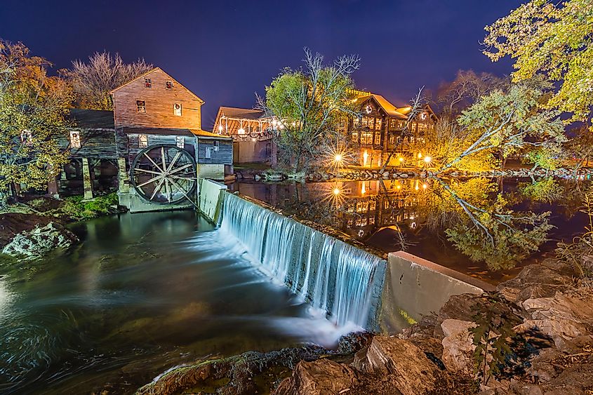 The old mill by the river in the scenic town of Pigeon Forge, Tennessee.