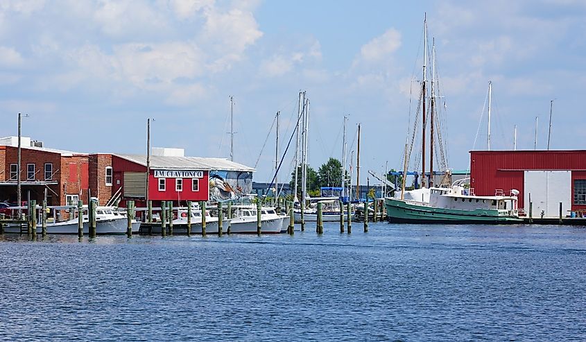 View of the JM Clayton crab company building in Cambridge, an old colonial fishing town in Dorchester County, Maryland, United States, in the Chesapeake Bay area.