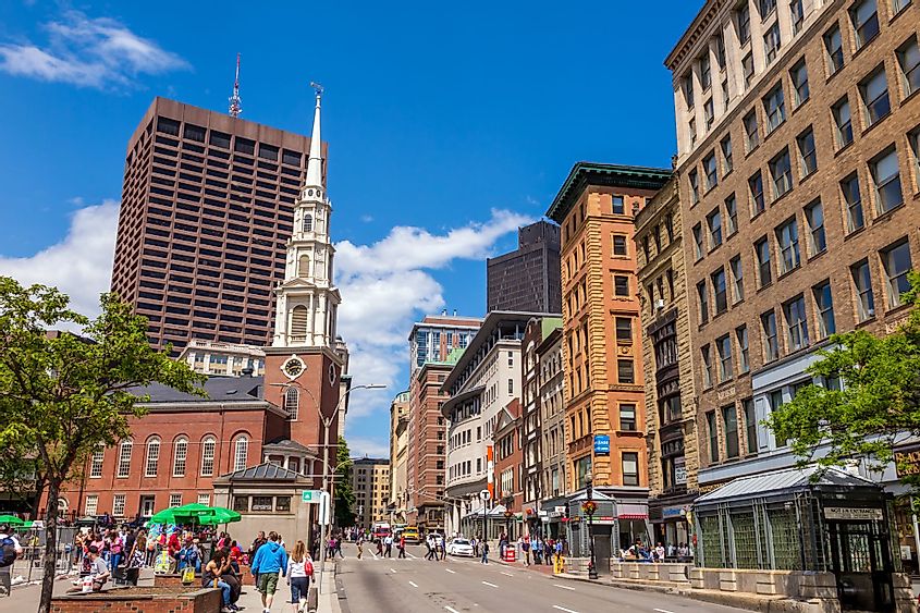 Boston's Freedom Trail with the Park Street Church in the background.