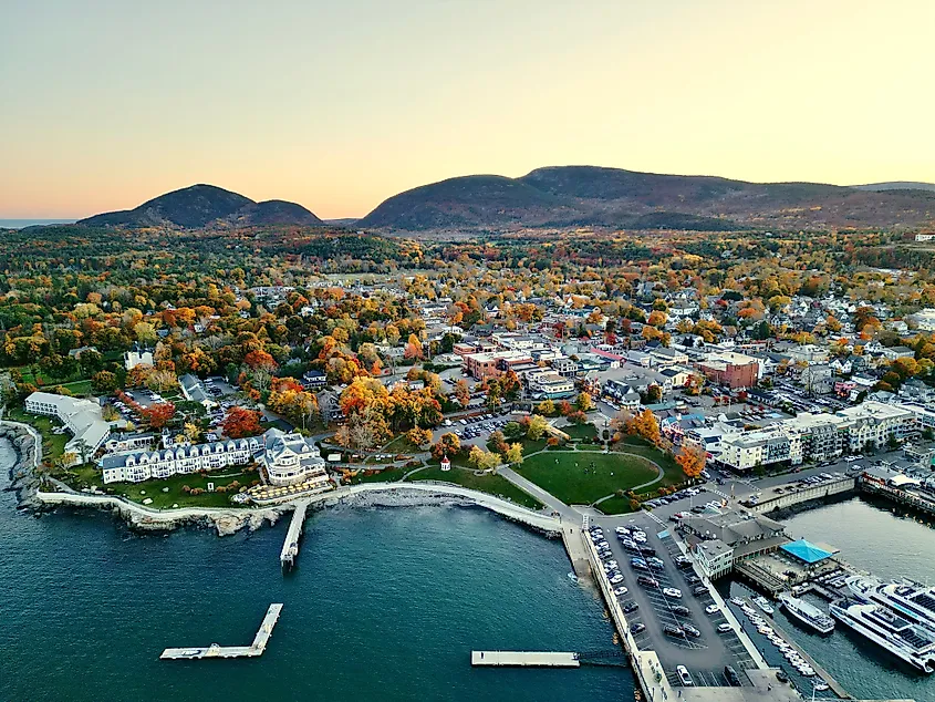 Aerial view of Bar Harbor, Maine, with Acadia National Park