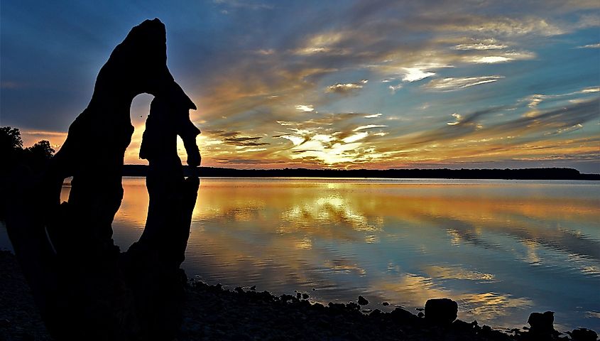 Sunset over Grand Lake in Grove, Oklahoma.