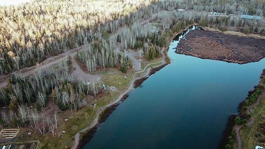 Bike trails and farmlands along a lake in Copper Harbor, Michigan.