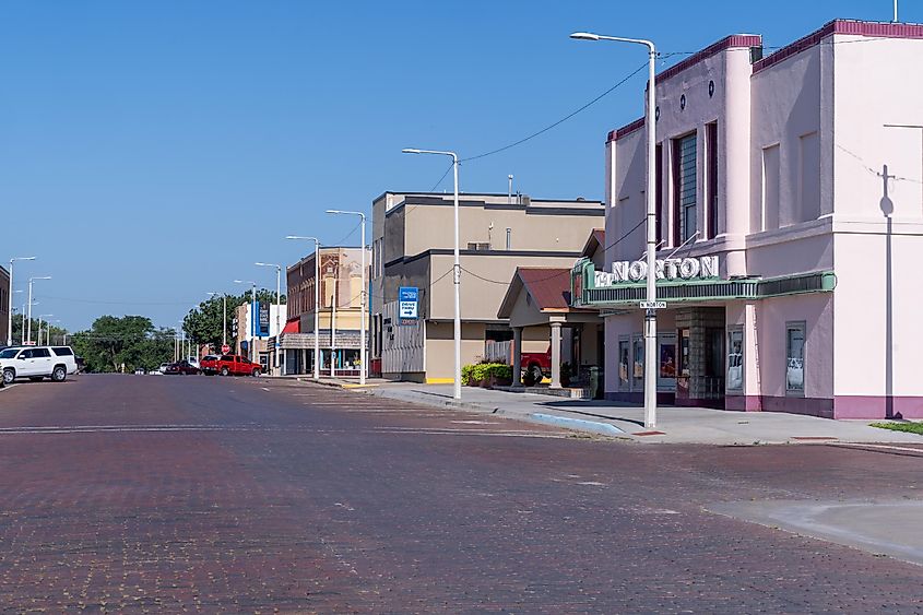Norton, Kansas - July 28, 2021: Downtown streets of the small rural Kansas town of Norton.