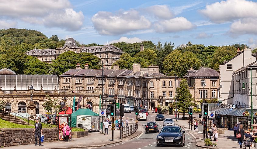 Buxton, Derbyshire, England, UK - Shoppers and tourists in the town centre.