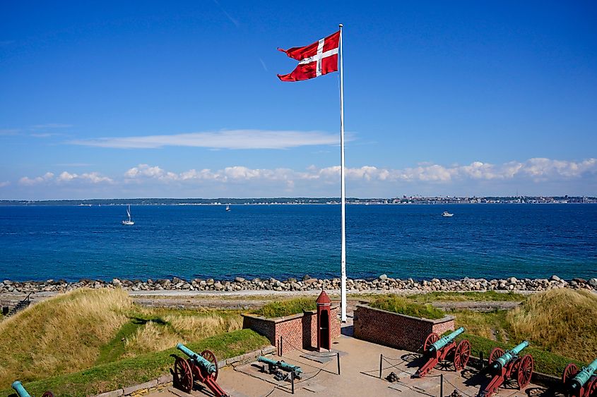 A waving danish flag in Kromborg castle know as hamlet shakespeare legend fortress, Denmark