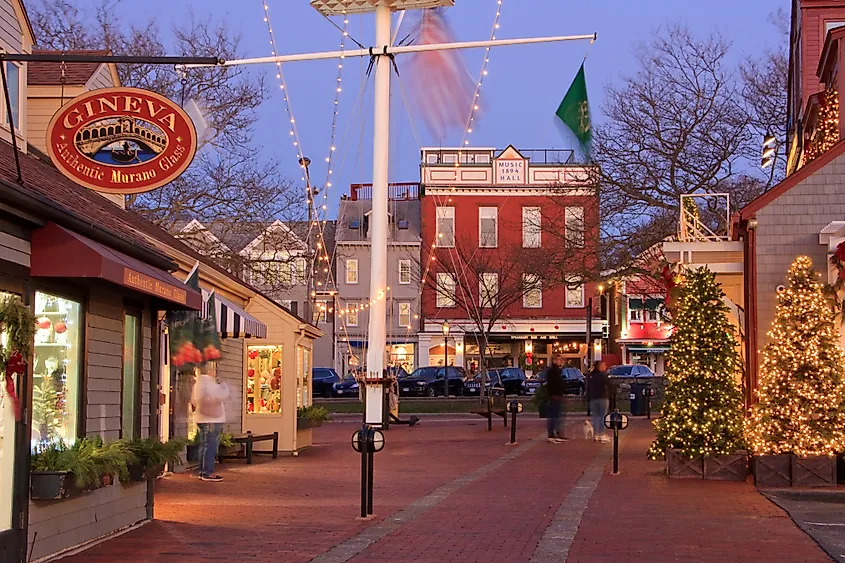 Evening view of a decorated street in Bowen's Wharf, Newport, Rhode Island