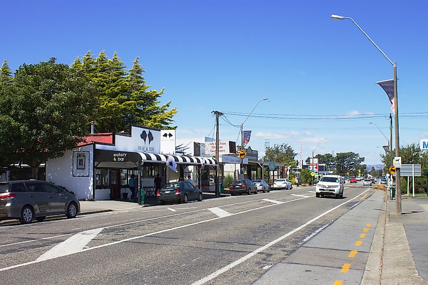 Traffic along Fitzherbert Street on State Highway 2 running through Featherston in the Wairarapa region of New Zealand