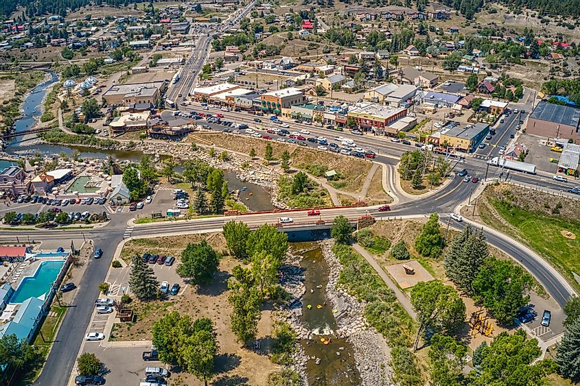 Aerial View of the Town of Pagosa Springs, Colorado which is famous with Tourists for its multiple Hot Springs