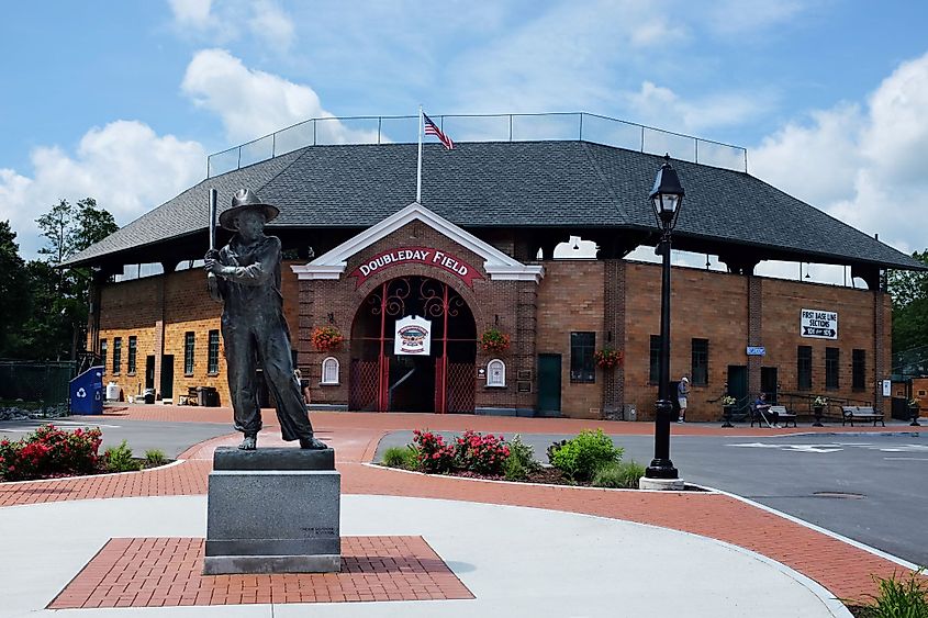 The Sandlot Kid Statue at the entrance to Doubleday Field in Cooperstown, New York