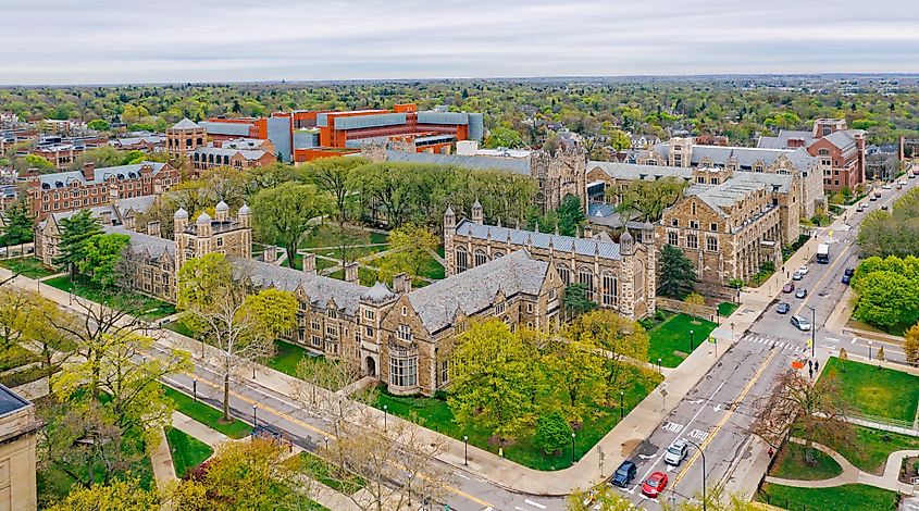 Aerial view of the University of Michigan Law School in Ann Arbor, Michigan.