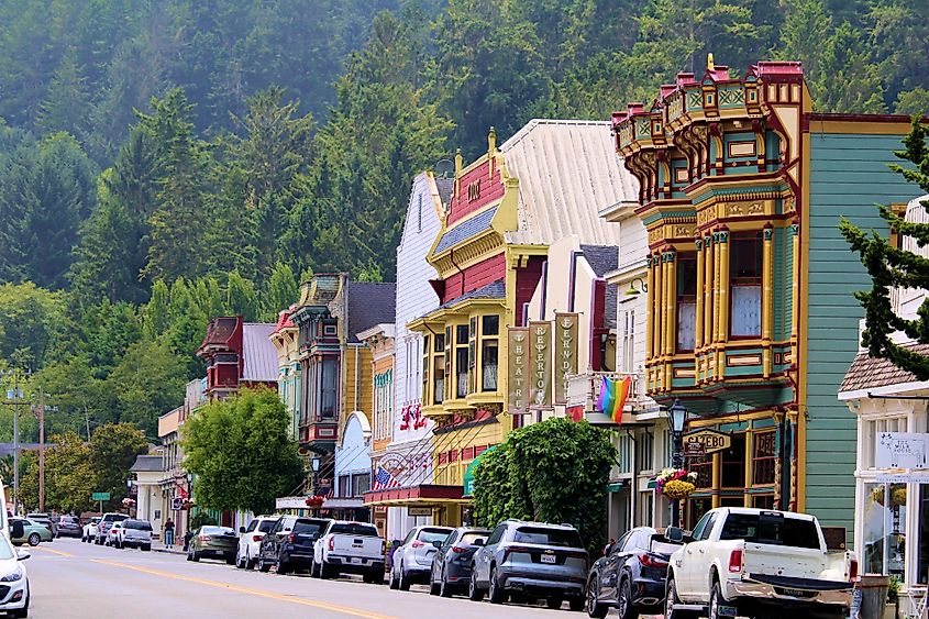 Vintage buildings with stores and restaurants in Ferndale, California