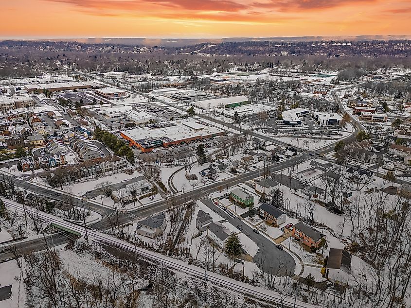 Aerial view of New Providence, New Jersey, covered in snow.